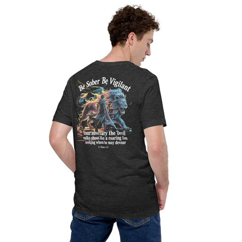 Be Sober Be Vigilant Lion (Back) Christian Bible Verse T-Shirt